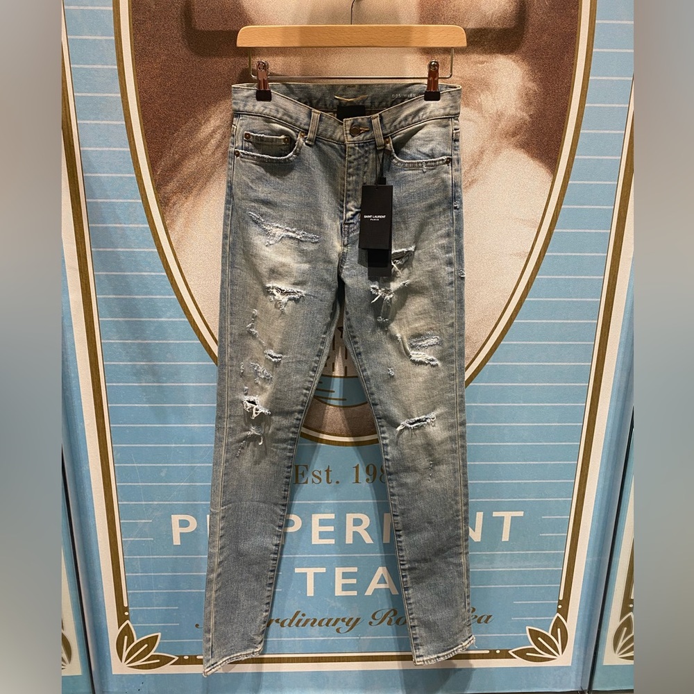 Brand New Saint Laurent Medium Waist Destroyed Light Blue Skinny Jeans Size 27!